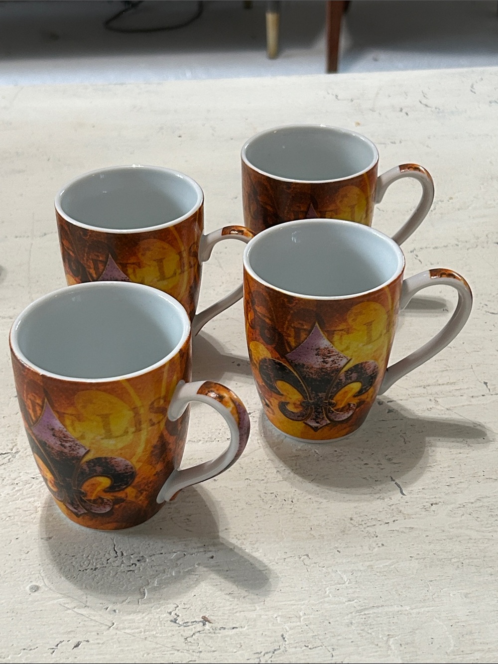 Orange Fleur-de-Lis Ceramic Mugs - Set of 4